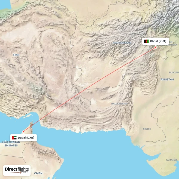 Dubai - Khost direct flight map