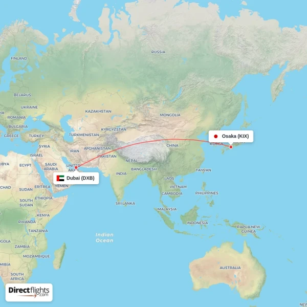 Dubai - Osaka direct flight map
