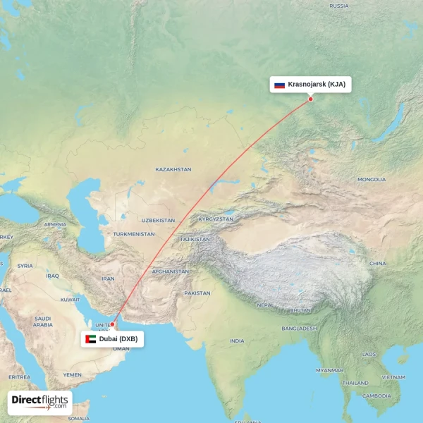 Dubai - Krasnojarsk direct flight map