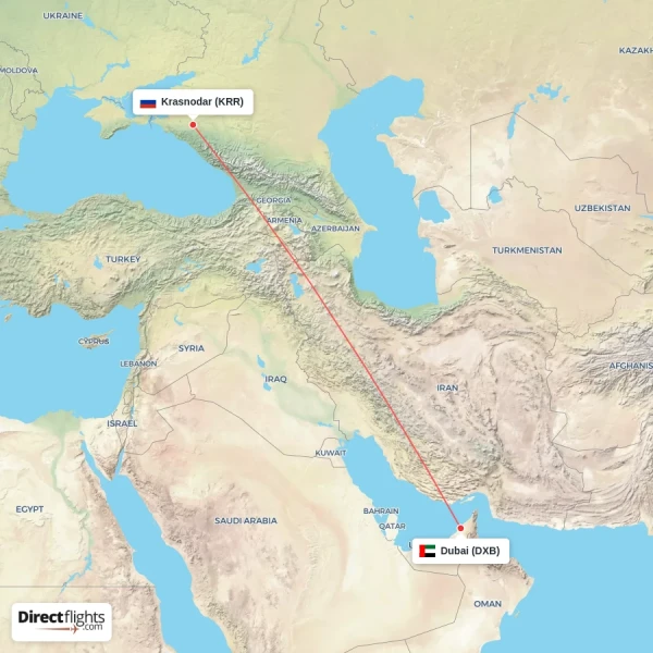 Dubai - Krasnodar direct flight map