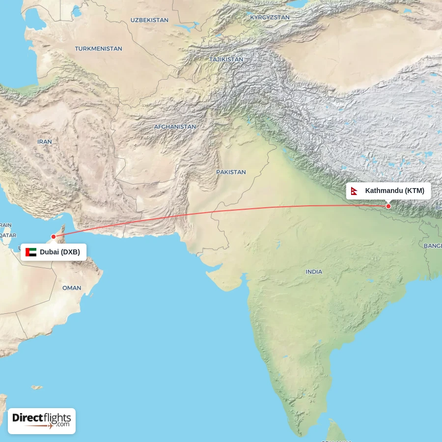 DXB - KTM route map
