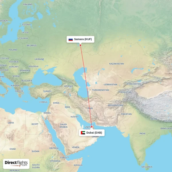 Dubai - Samara direct flight map