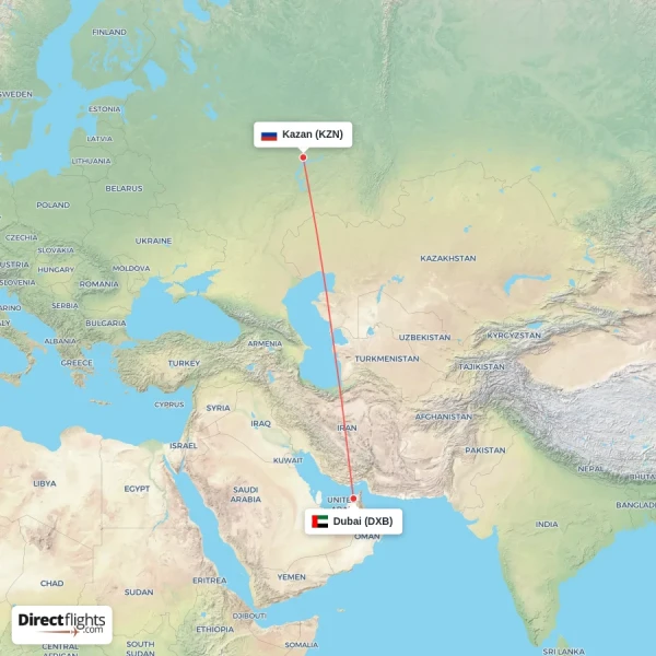 Dubai - Kazan direct flight map