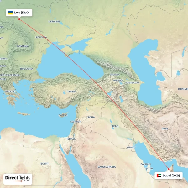 Dubai - Lviv direct flight map
