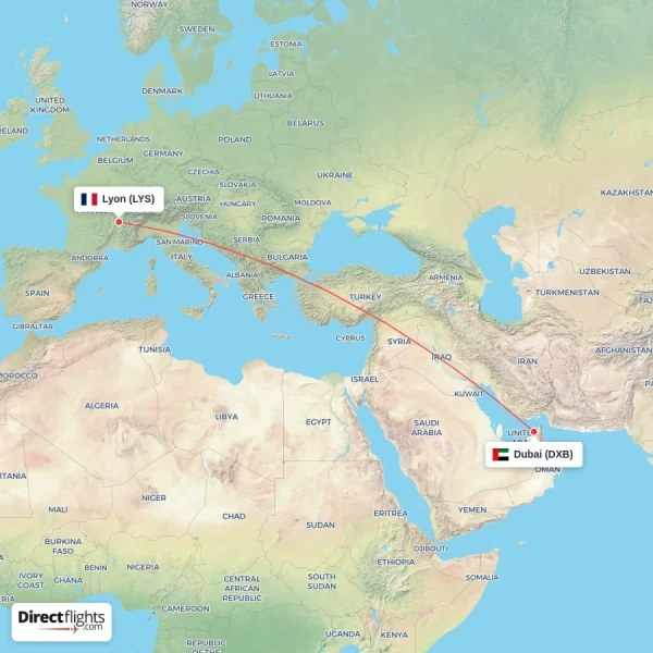 Dubai - Lyon direct flight map