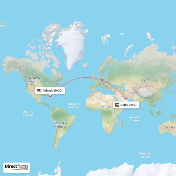 Dubai - Orlando direct flight map