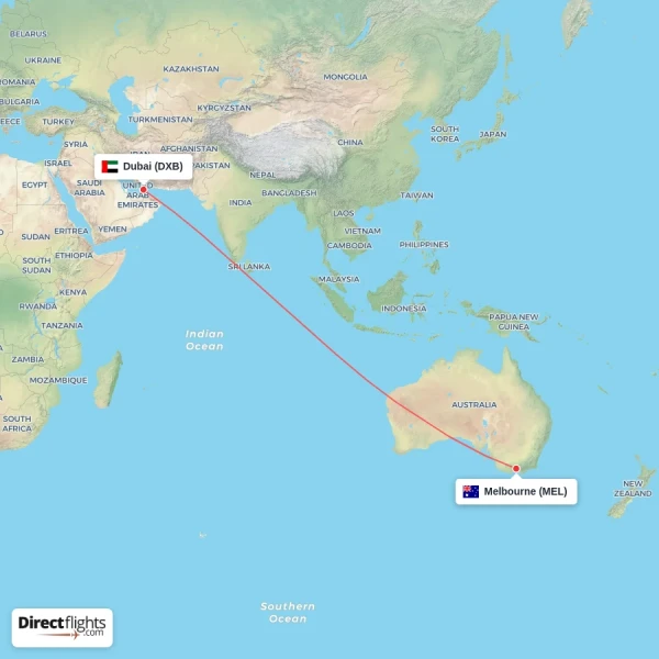 Dubai - Melbourne direct flight map