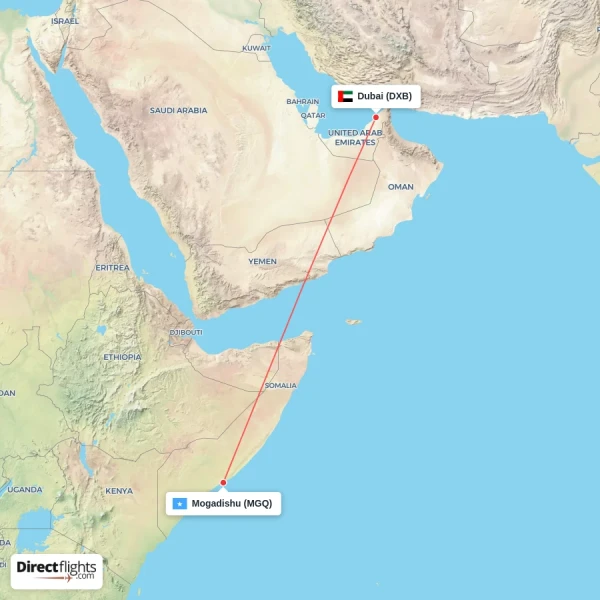 Dubai - Mogadishu direct flight map