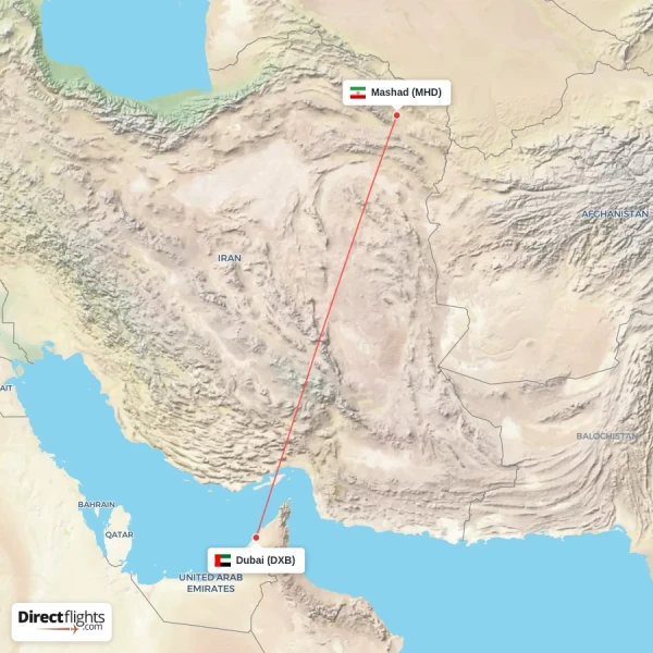 Dubai - Mashad direct flight map