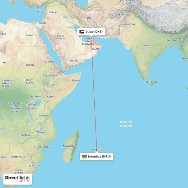 Dubai - Mauritius direct flight map