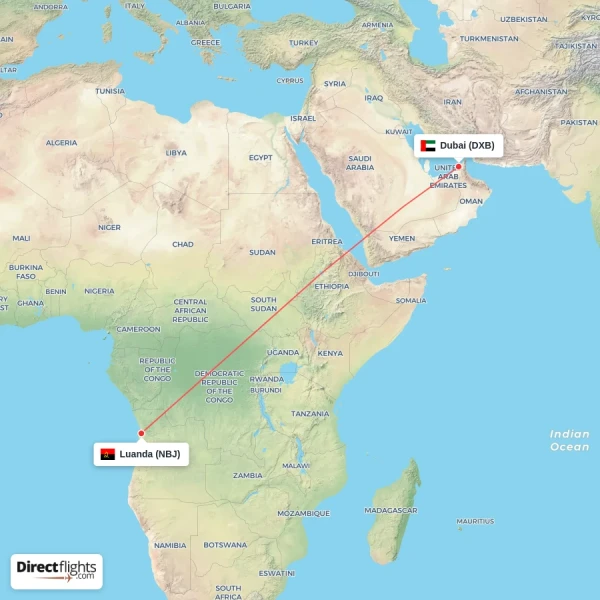 Dubai - Luanda direct flight map