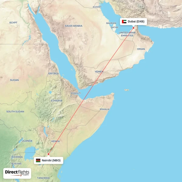 Dubai - Nairobi direct flight map
