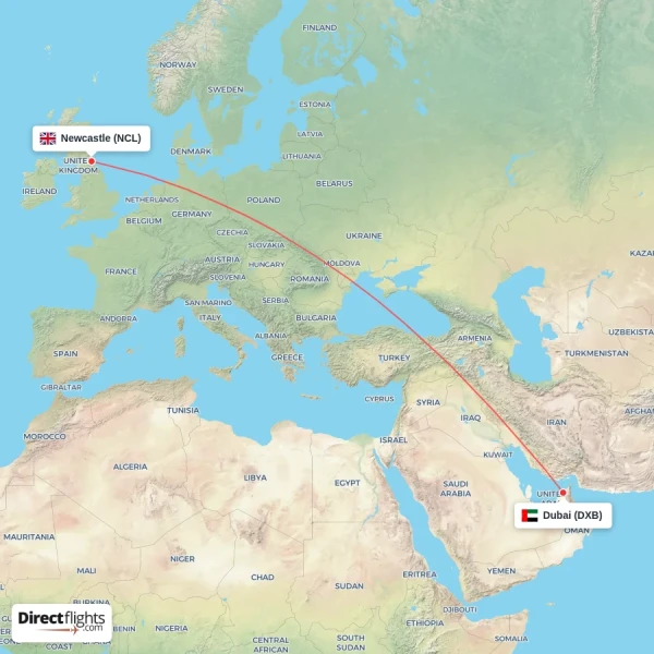 Dubai - Newcastle direct flight map