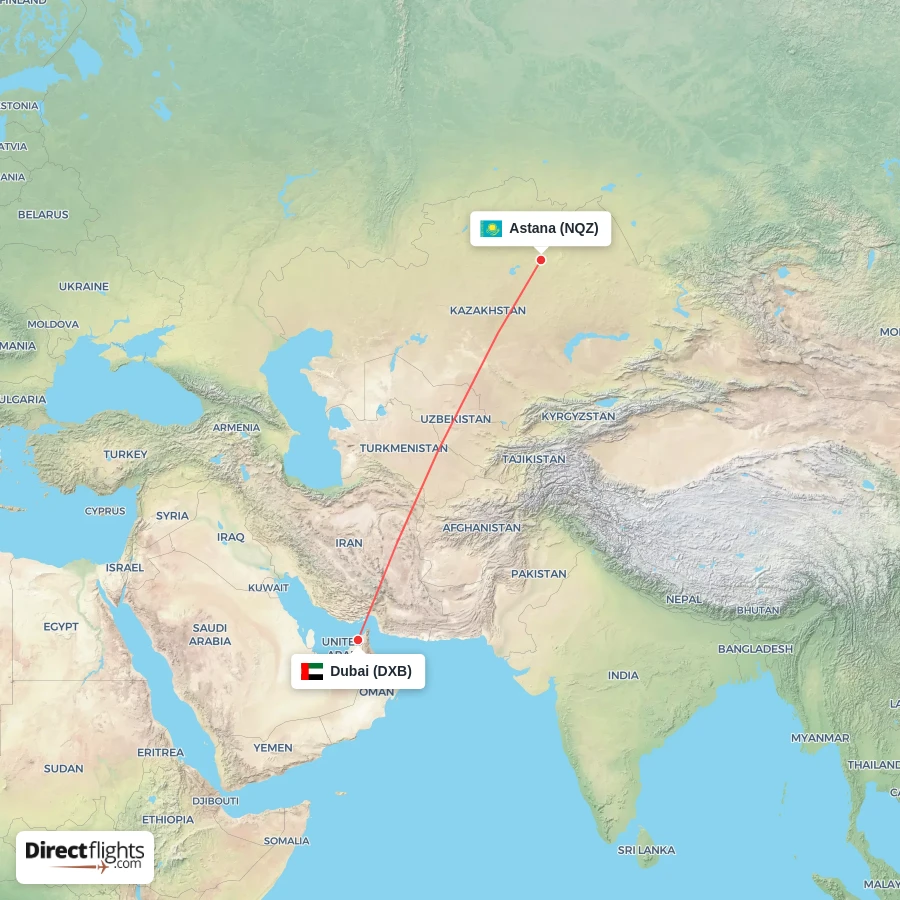 DXB - NQZ route map