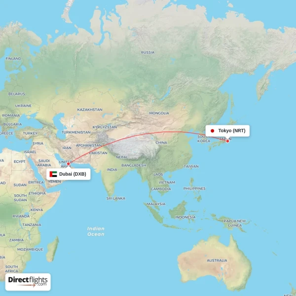Dubai - Tokyo direct flight map