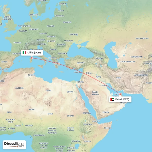 Dubai - Olbia direct flight map