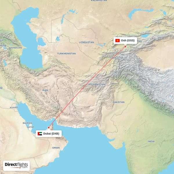 Dubai - Osh direct flight map