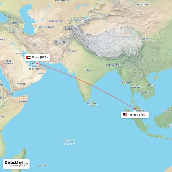 Dubai - Penang direct flight map