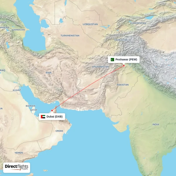 Dubai - Peshawar direct flight map