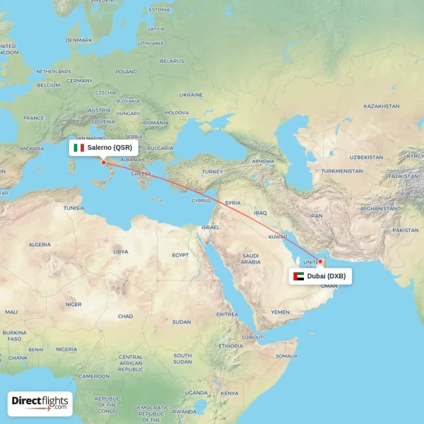 Dubai - Salerno direct flight map