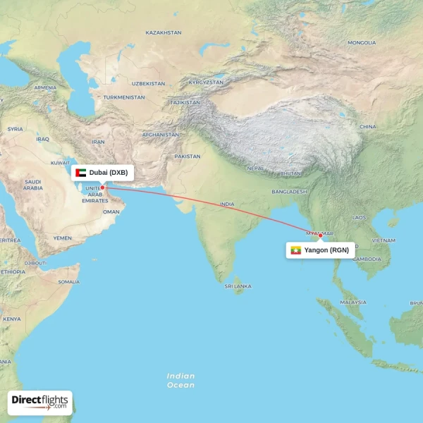 Dubai - Yangon direct flight map