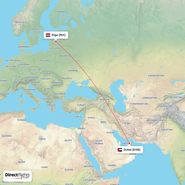 Dubai - Riga direct flight map
