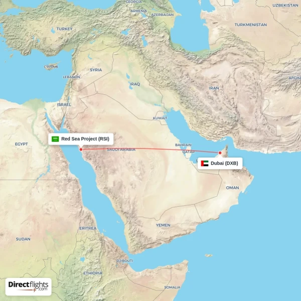 Dubai - Red Sea Project direct flight map