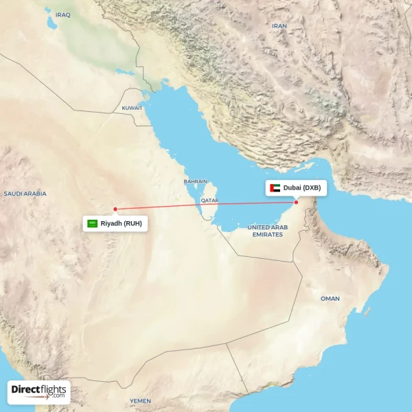 Dubai - Riyadh direct flight map