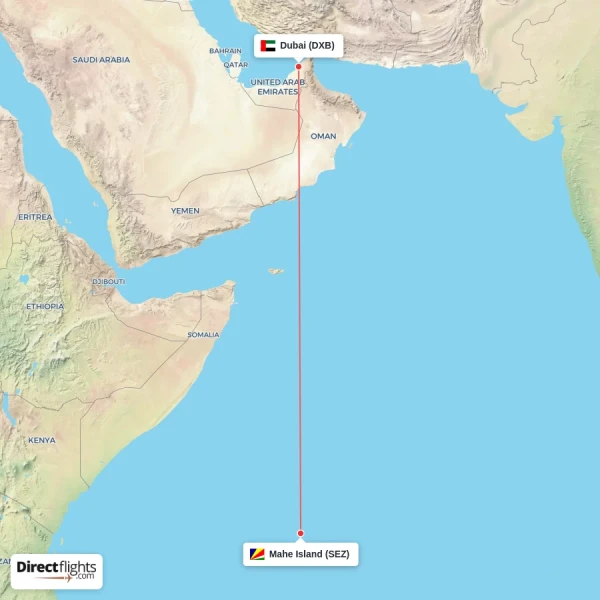 Dubai - Mahe Island direct flight map