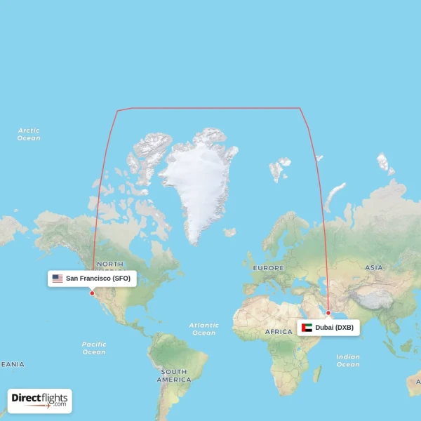 Dubai - San Francisco direct flight map