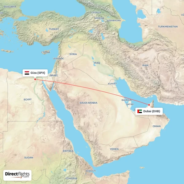 Dubai - Giza direct flight map