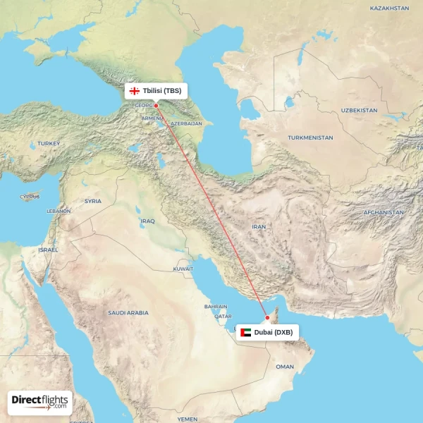 Dubai - Tbilisi direct flight map