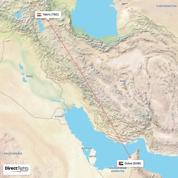 Dubai - Tabriz direct flight map