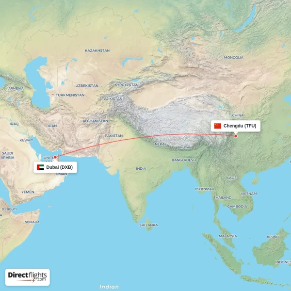 Dubai - Chengdu direct flight map