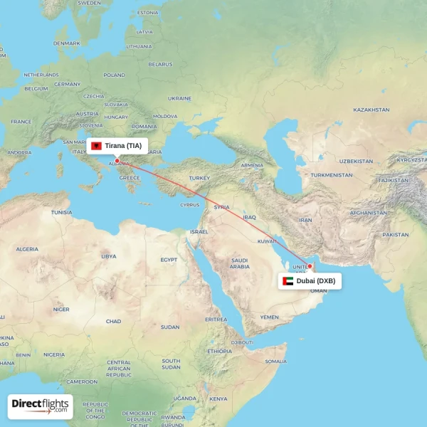 Dubai - Tirana direct flight map