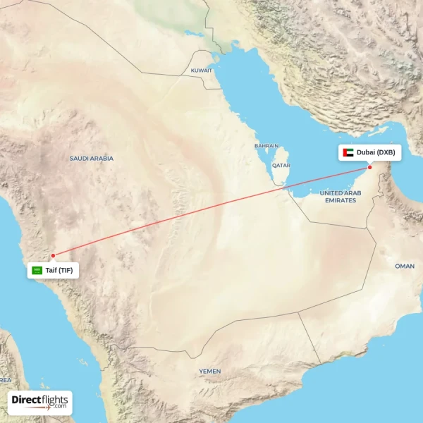 Dubai - Taif direct flight map