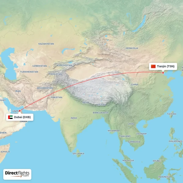 Dubai - Tianjin direct flight map