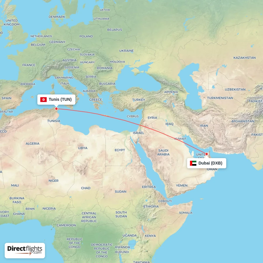 DXB - TUN route map