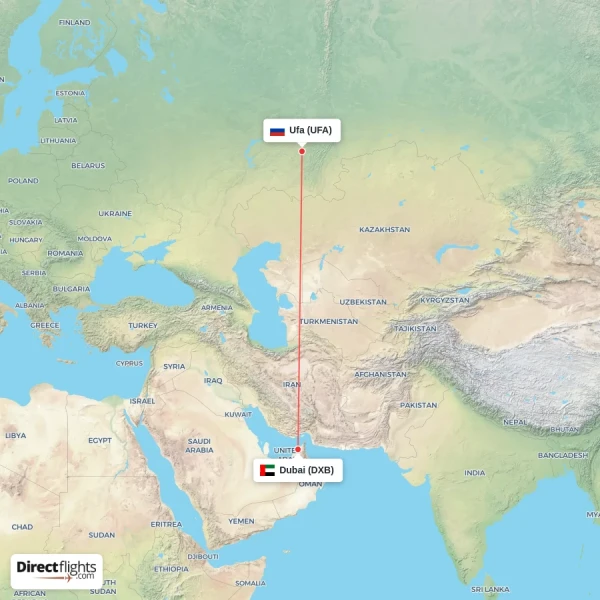 Dubai - Ufa direct flight map