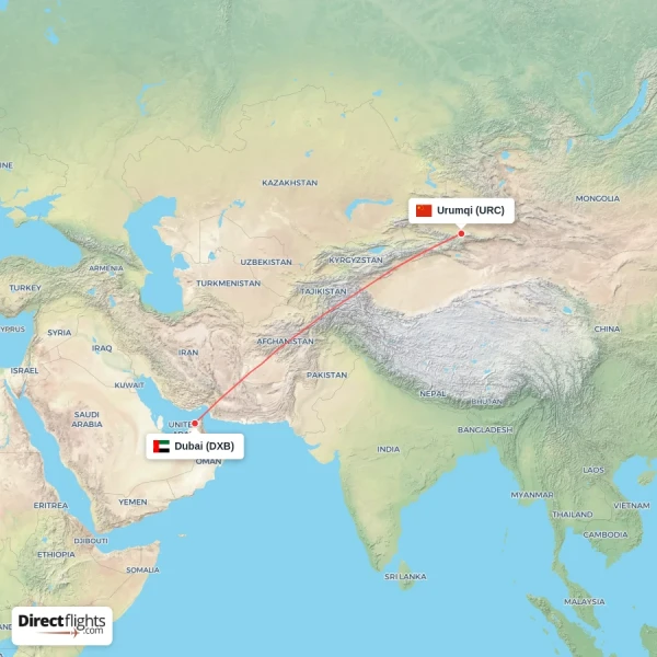 Dubai - Urumqi direct flight map