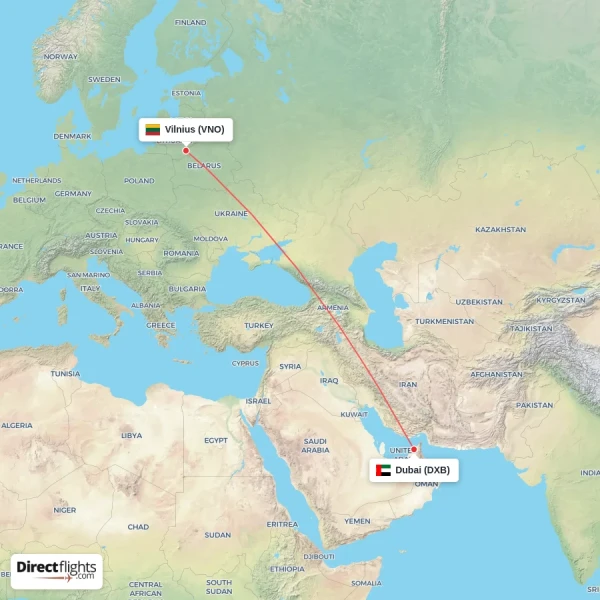 Dubai - Vilnius direct flight map