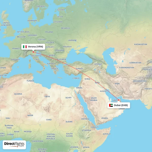Dubai - Verona direct flight map