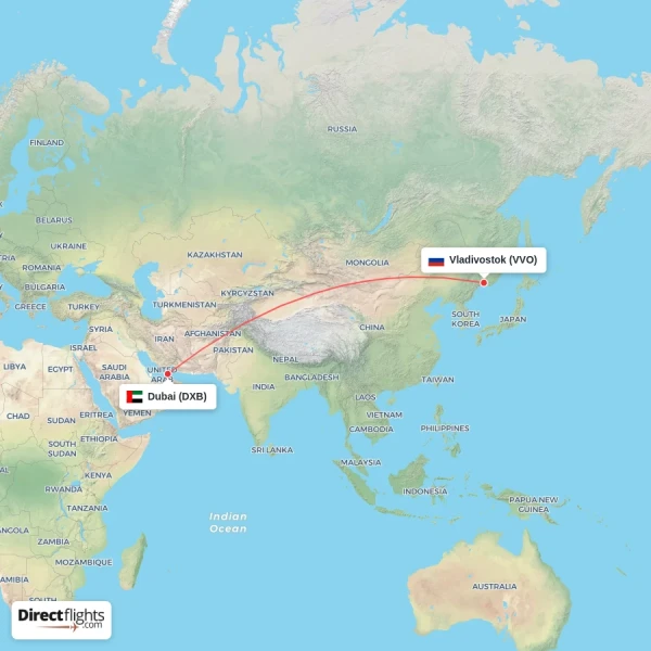 Dubai - Vladivostok direct flight map