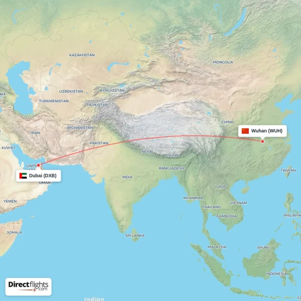 Dubai - Wuhan direct flight map