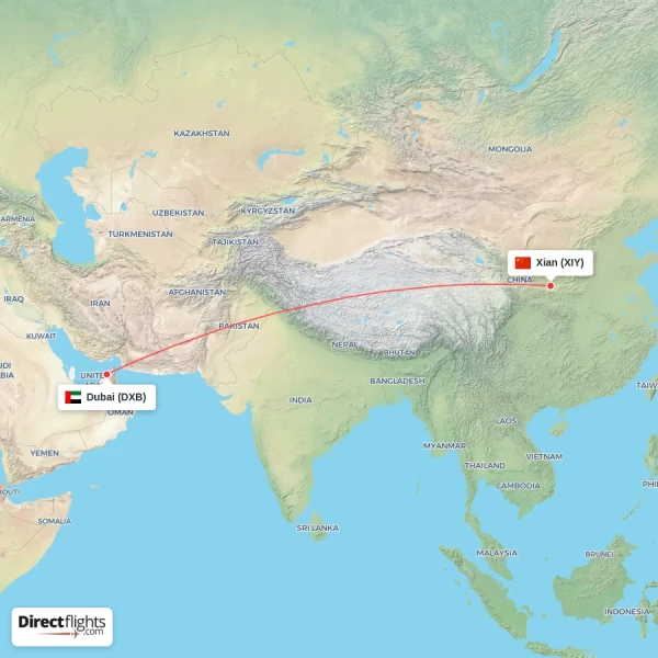 Dubai - Xian direct flight map