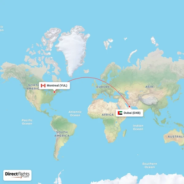 Dubai - Montreal direct flight map