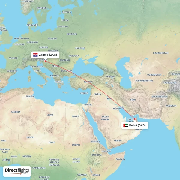 Dubai - Zagreb direct flight map