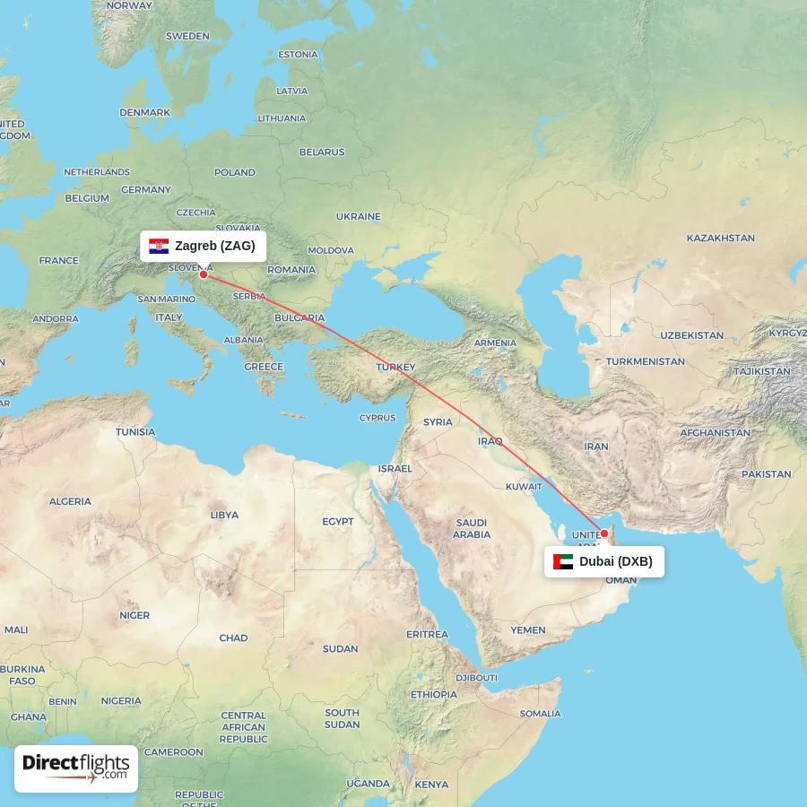 DXB - ZAG route map