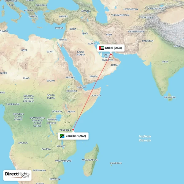 Dubai - Zanzibar direct flight map