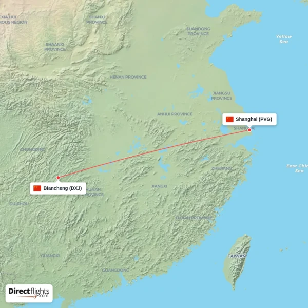 Biancheng - Shanghai direct flight map